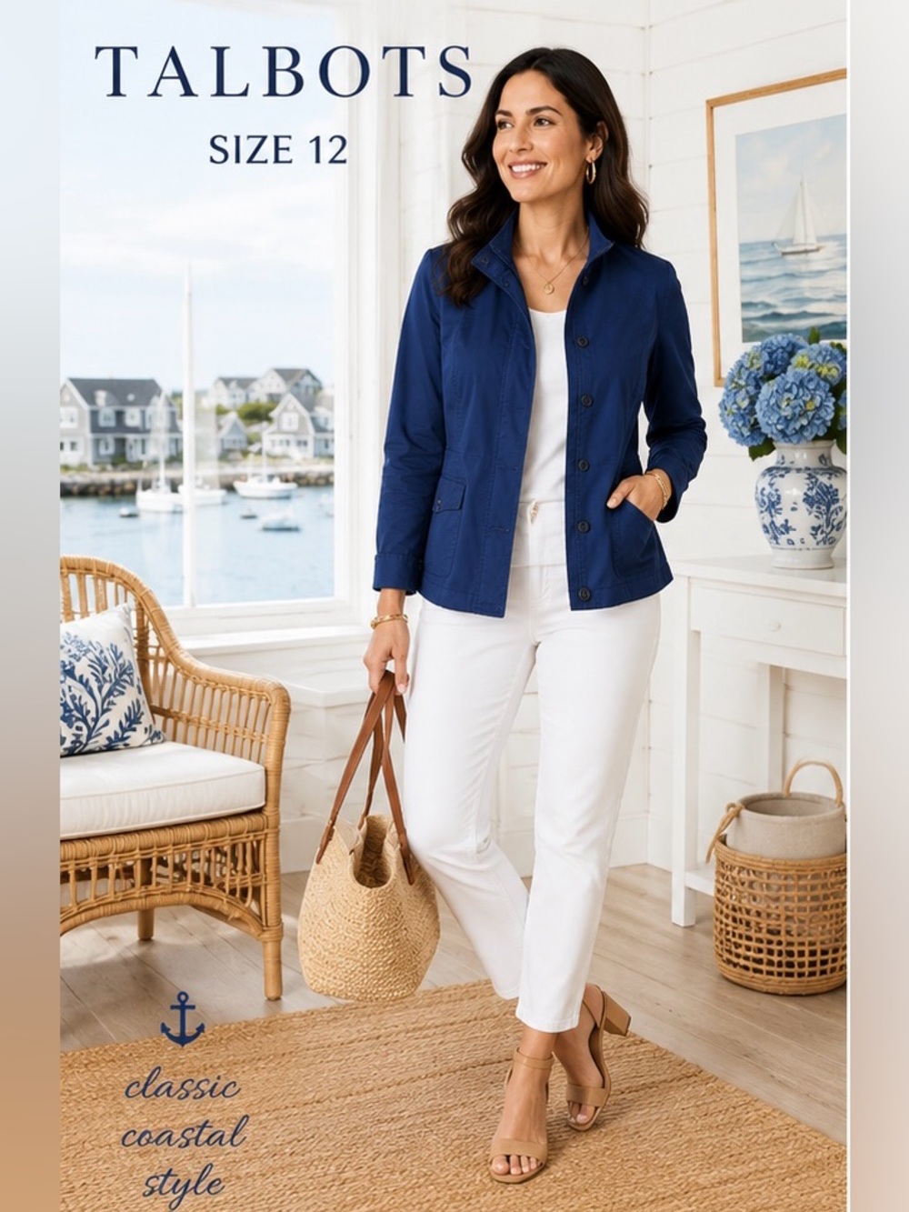 Talbots Blue Utility Jacket Size 12 Cotton Stretch Hidden Button Safari Coat
